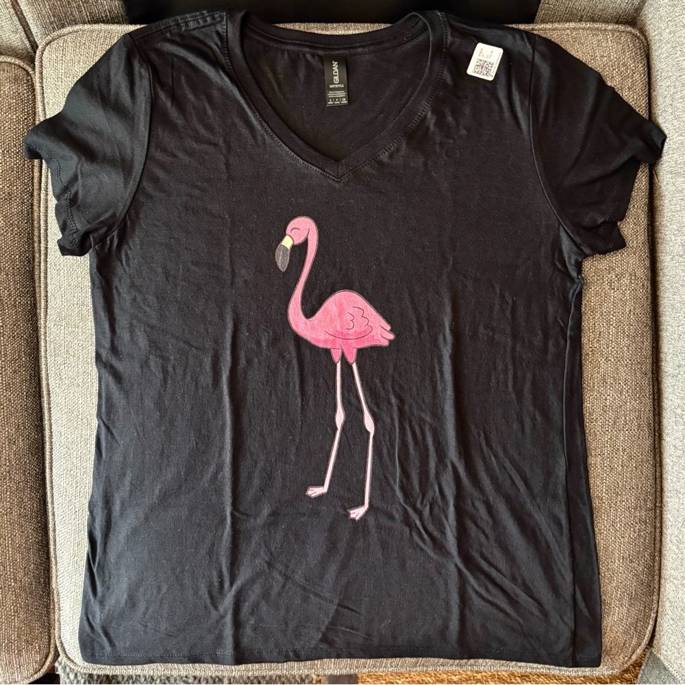 Women’s Black V-neck Tee with Pink Flamingo graphic